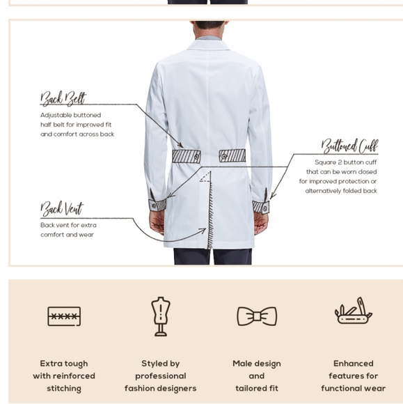 Dr. James Consultation Lab Coat Men, Slim Fit, Multiple Pockets, White, 36 Inch - Picture 6 of 9